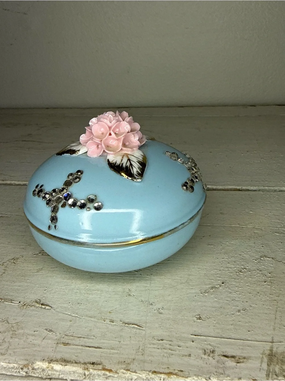 RARE VTG Lefton Blue Porcelain, Pink Floral Spray, Gold Tips & Rhinestone Accent